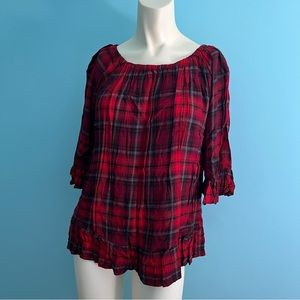 For the Republic Red Black Plaid 3/4 Sleeve Ruffle Womens Top
